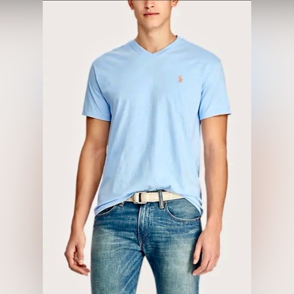 Polo Ralph Lauren Men’s Light Blue Small V-Neck T-Shirt Cotton Yellow Pony Logo